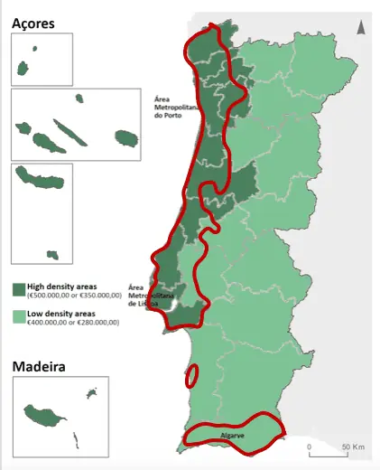 Map of eligible real estate property investment under the new Portugal Golden Visa regulation changes 2021 & 2022.